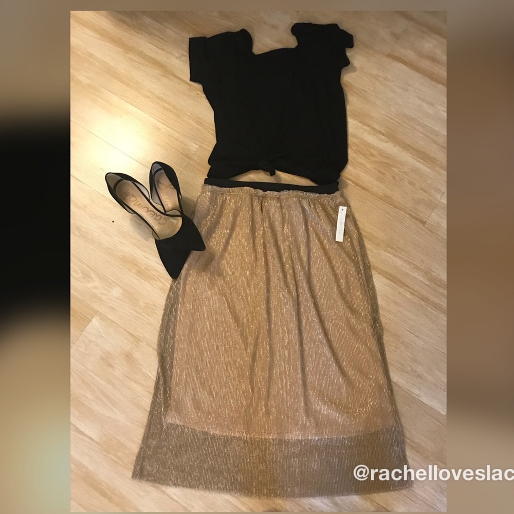 Gold Metallic Lined Midi Skirt NWT